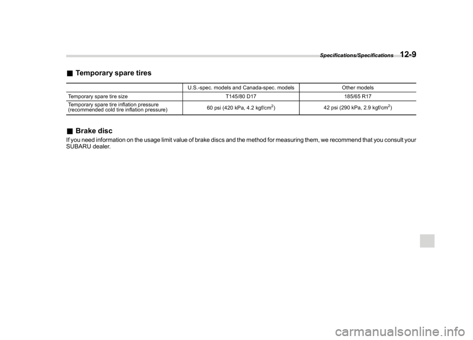 SUBARU CROSSTREK 2018  Owners Manual (449,1)
北米Model "A1320BE-C" EDITED: 2017/ 10/ 10
&Temporary spare tires
U.S.-spec. models and Canada-spec. models Other models
Temporary spare tire size T145/80 D17 185/65 R17
Temporary spare tire