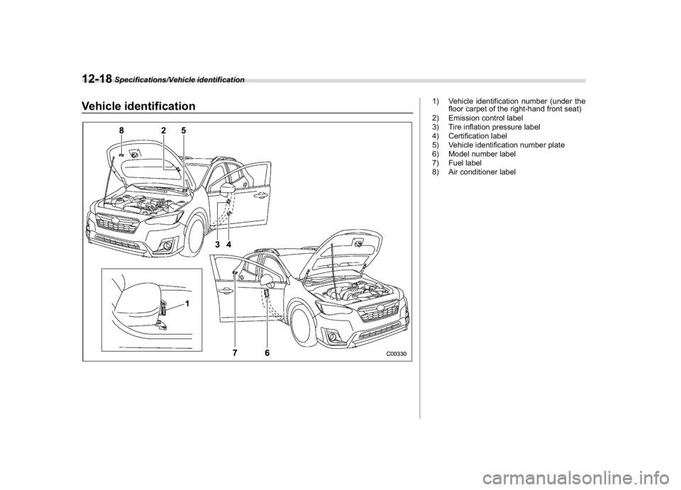 SUBARU CROSSTREK 2018  Owners Manual (458,1)
北米Model "A1320BE-C" EDITED: 2017/ 10/ 10
Vehicle identification
1) Vehicle identification number (under the
floor carpet of the right-hand front seat)
2) Emission control label
3) Tire inf