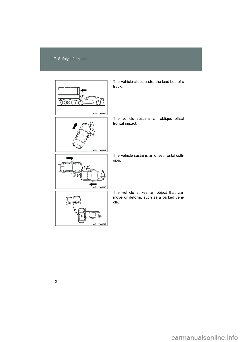 SUBARU BRZ 2018  Owners Manual 112 1-7. Safety information
BRZ_U (A4450BE-A)
The vehicle slides under the load bed of a
truck.
The vehicle sustains an oblique offset
frontal impact.
The vehicle sustains an offset frontal colli-
sio