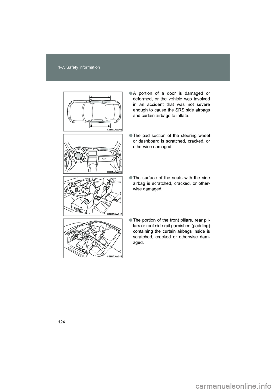 SUBARU BRZ 2018  Owners Manual 124 1-7. Safety information
BRZ_U (A4450BE-A)
●A portion of a door is damaged or
deformed, or the vehicle was involved
in an accident that was not severe
enough to cause the SRS side airbags
and cur