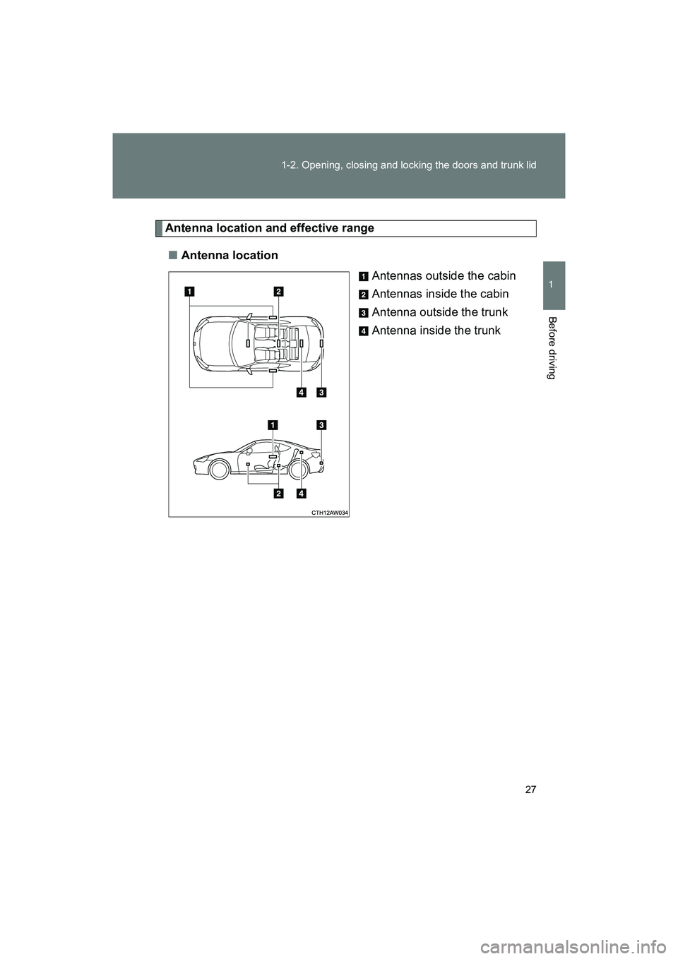 SUBARU BRZ 2018  Owners Manual 27
1-2. Opening, closing and locking the doors and trunk lid
1
Before driving
BRZ_U (A4450BE-A)
Antenna location and effective range
■ Antenna location
Antennas outside the cabin
Antennas inside the