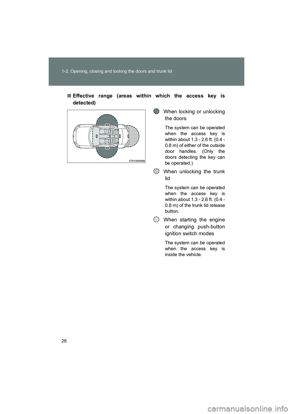 SUBARU BRZ 2018  Owners Manual 28 1-2. Opening, closing and locking the doors and trunk lid
BRZ_U (A4450BE-A)■
Effective range (areas within which the access key is
detected)
When locking or unlockingthe doors
The system can be o
