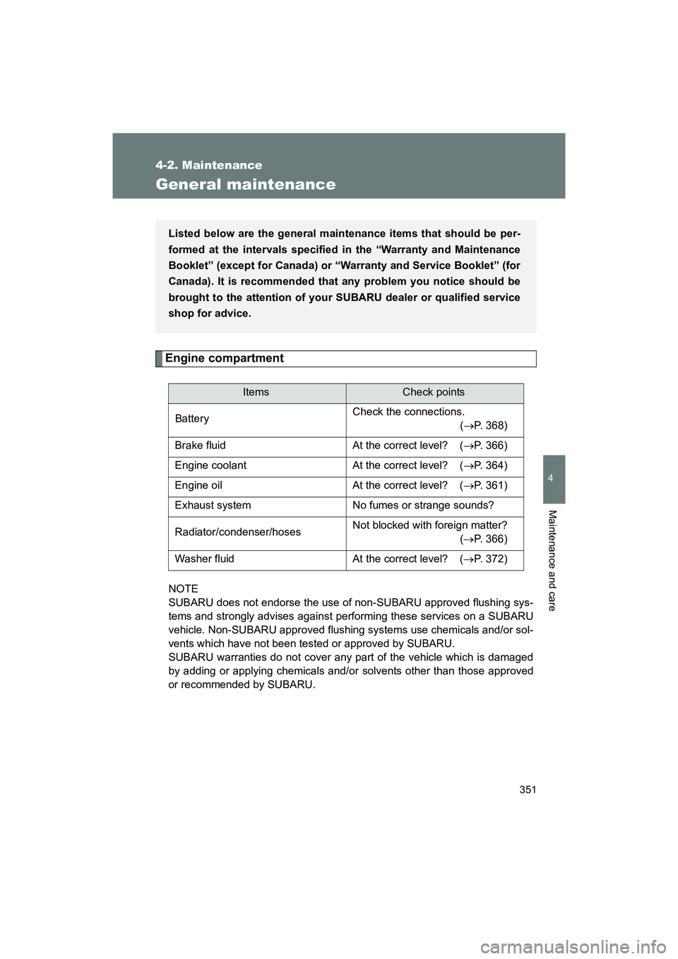 SUBARU BRZ 2018  Owners Manual 351
4-2. Maintenance
4
Maintenance and care
BRZ_U (A4450BE-A)
General maintenance
Engine compartment
NOTE 
SUBARU does not endorse the use of non-SUBARU approved flushing sys-
tems and strongly advise