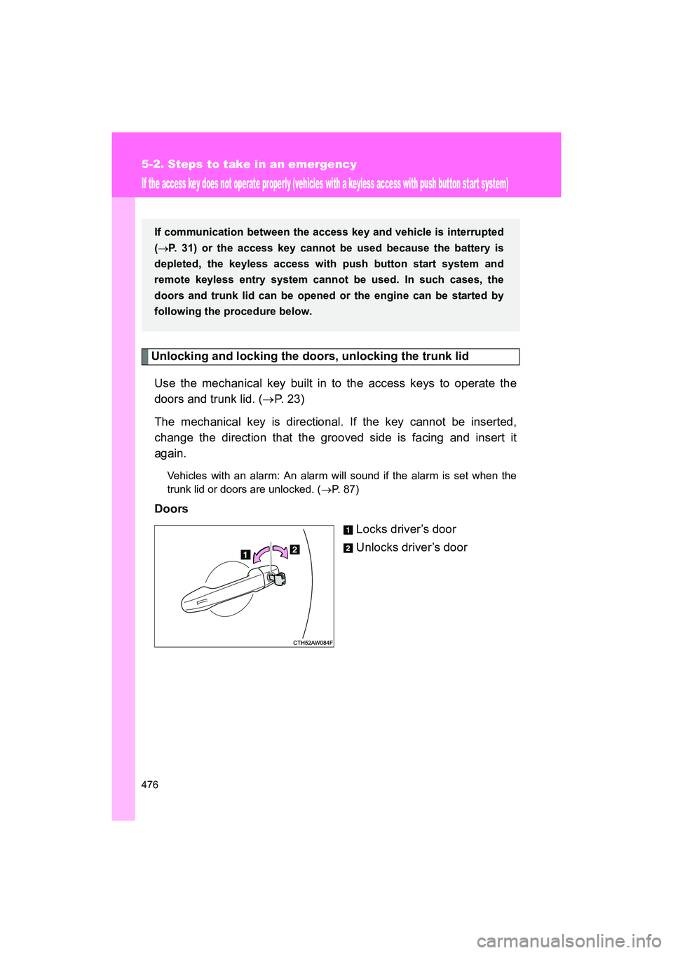 SUBARU BRZ 2018  Owners Manual 476
5-2. Steps to take in an emergency
BRZ_U (A4450BE-A)
If the access key does not operate properly (vehicles with a keyless access with push button star t system)
Unlocking and locking the doors, un