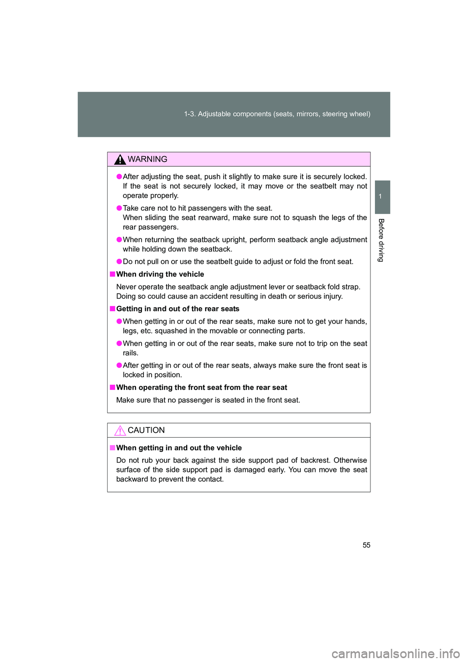 SUBARU BRZ 2018 Owners Manual 55
1-3. Adjustable components (seats, mirrors, steering wheel)
1
Before driving
BRZ_U (A4450BE-A)
WARNING
●
After adjusting the seat, push it slightly to make sure it is securely locked.
If the seat SUBARU BRZ 2018 Owners Manual 55
1-3. Adjustable components (seats, mirrors, steering wheel)
1
Before driving
BRZ_U (A4450BE-A)
WARNING
●
After adjusting the seat, push it slightly to make sure it is securely locked.
If the seat