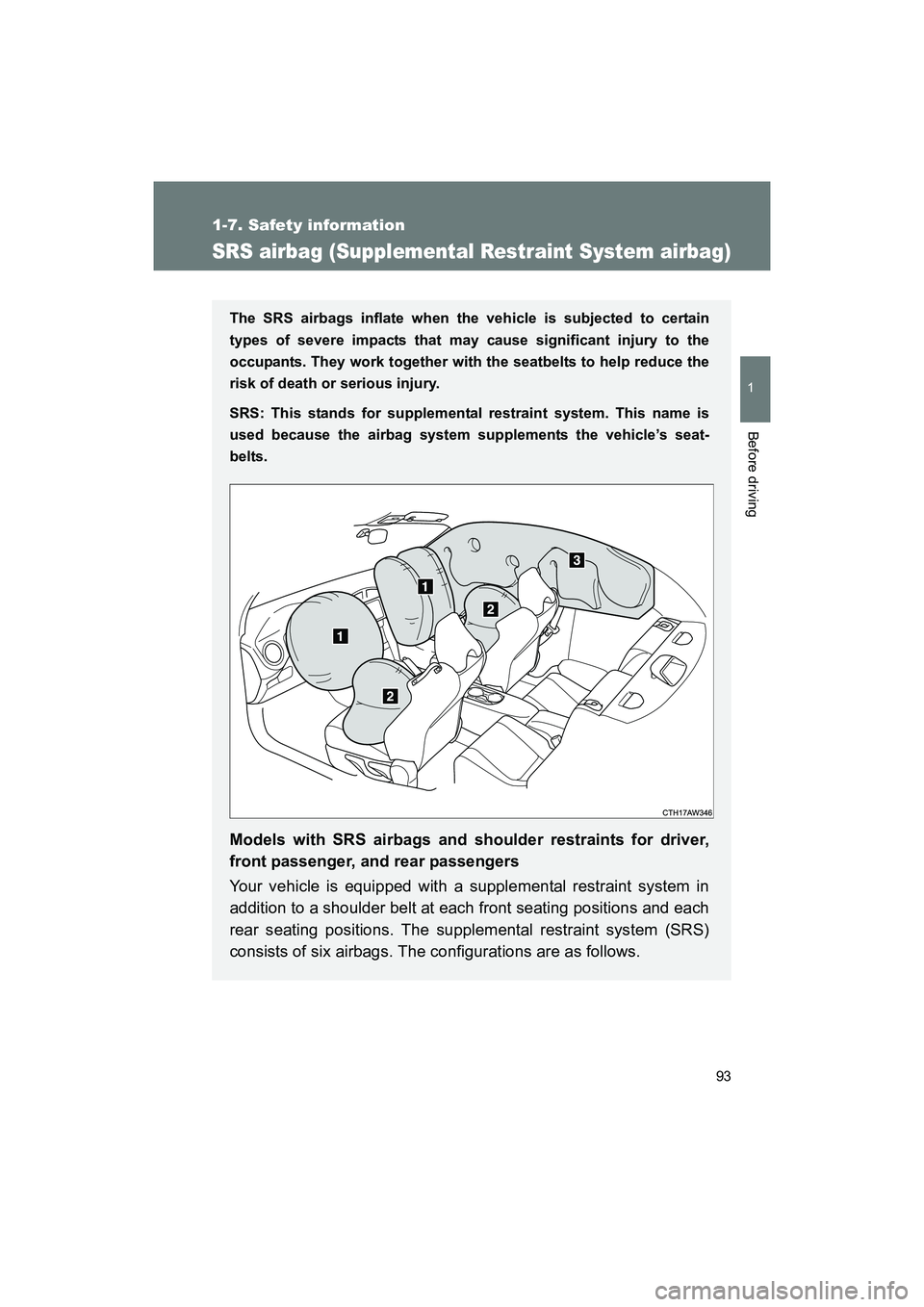 SUBARU BRZ 2018  Owners Manual 93
1
1-7. Safety information
Before driving
BRZ_U (A4450BE-A)
SRS airbag (Supplemental Restraint System airbag)
The SRS airbags inflate when the vehicle is subjected to certain
types of severe impacts