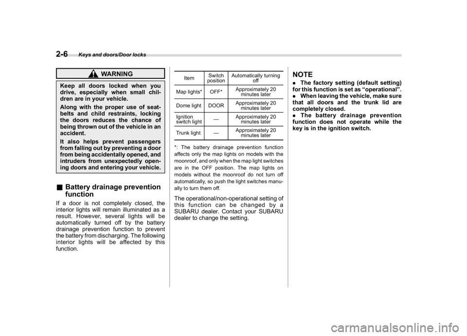 SUBARU WRX 2018  Owners Manual (106,1)
北米Model "A1700BE-B" EDITED: 2017/ 10/ 11
WARNING
Keep all doors locked when you
drive, especially when small chil-
dren are in your vehicle.
Along with the proper use of seat-
belts and ch