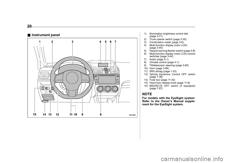SUBARU WRX 2018  Owners Manual (22,1)
北米Model "A1700BE-B" EDITED: 2017/ 10/ 11
&Instrument panel
1) Illumination brightness control dial
(page 3-71)
2) Trunk opener switch (page 2-35)
3) Combination meter (page 3-8)
4) Multi-fu