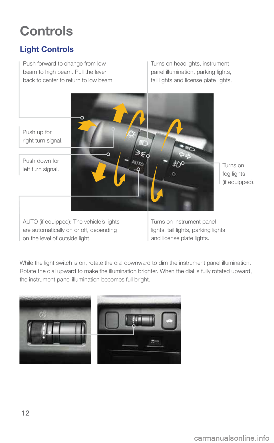 SUBARU WRX 2018  Quick Guide 12
Controls
While the light switch is on, rotate the dial downward to dim the instrument panel illumination. 
Rotate the dial upward to make the illumination brighter. When the dial is fully rotated u