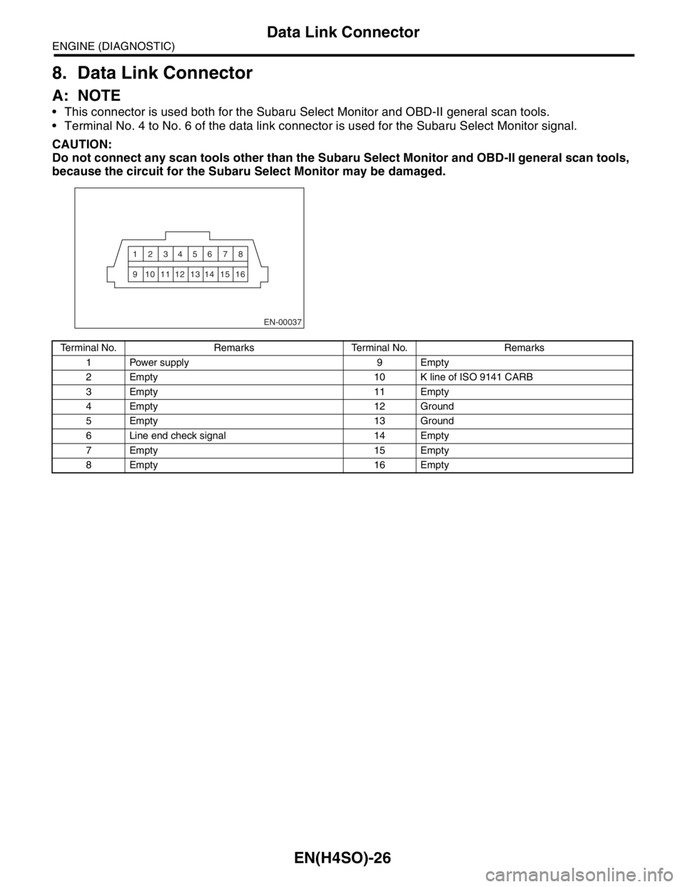 SUBARU FORESTER 2004  Service Repair Manual EN(H4SO)-26
ENGINE (DIAGNOSTIC)
Data Link Connector
8. Data Link Connector
A: NOTE
 This connector is used both for the Subaru Select Monitor and OBD-II general scan tools.
 Terminal No. 4 to No. 6 
