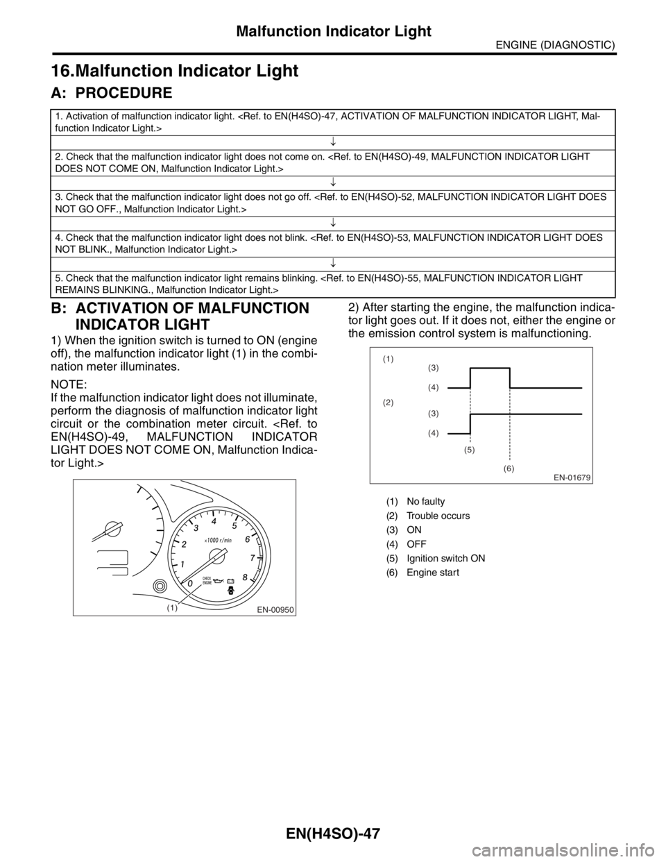 SUBARU FORESTER 2004  Service Repair Manual EN(H4SO)-47
ENGINE (DIAGNOSTIC)
Malfunction Indicator Light
16.Malfunction Indicator Light
A: PROCEDURE
B: ACTIVATION OF MALFUNCTION 
INDICATOR LIGHT
1) When the ignition switch is turned to ON (engin