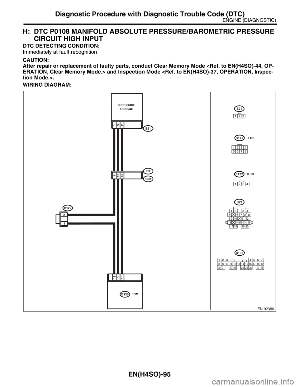 SUBARU FORESTER 2004  Service Repair Manual EN(H4SO)-95
ENGINE (DIAGNOSTIC)
Diagnostic Procedure with Diagnostic Trouble Code (DTC)
H: DTC P0108 MANIFOLD ABSOLUTE PRESSURE/BAROMETRIC PRESSURE 
CIRCUIT HIGH INPUT
DTC DETECTING CONDITION:
Immedia