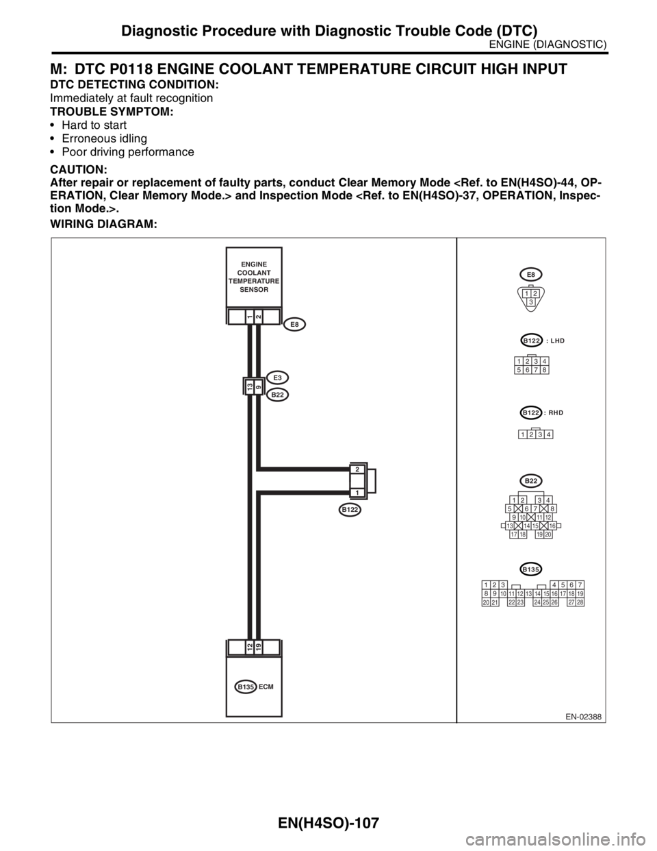 SUBARU FORESTER 2004  Service Repair Manual EN(H4SO)-107
ENGINE (DIAGNOSTIC)
Diagnostic Procedure with Diagnostic Trouble Code (DTC)
M: DTC P0118 ENGINE COOLANT TEMPERATURE CIRCUIT HIGH INPUT
DTC DETECTING CONDITION:
Immediately at fault recogn
