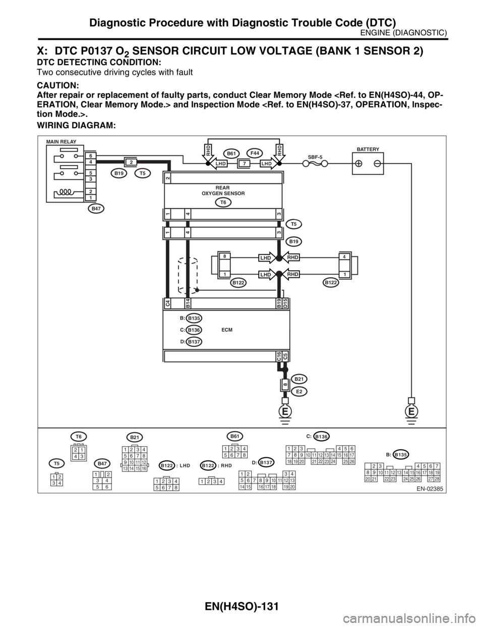 SUBARU FORESTER 2004  Service Repair Manual EN(H4SO)-131
ENGINE (DIAGNOSTIC)
Diagnostic Procedure with Diagnostic Trouble Code (DTC)
X: DTC P0137 O2 SENSOR CIRCUIT LOW VOLTAGE (BANK 1 SENSOR 2)
DTC DETECTING CONDITION:
Two consecutive driving c