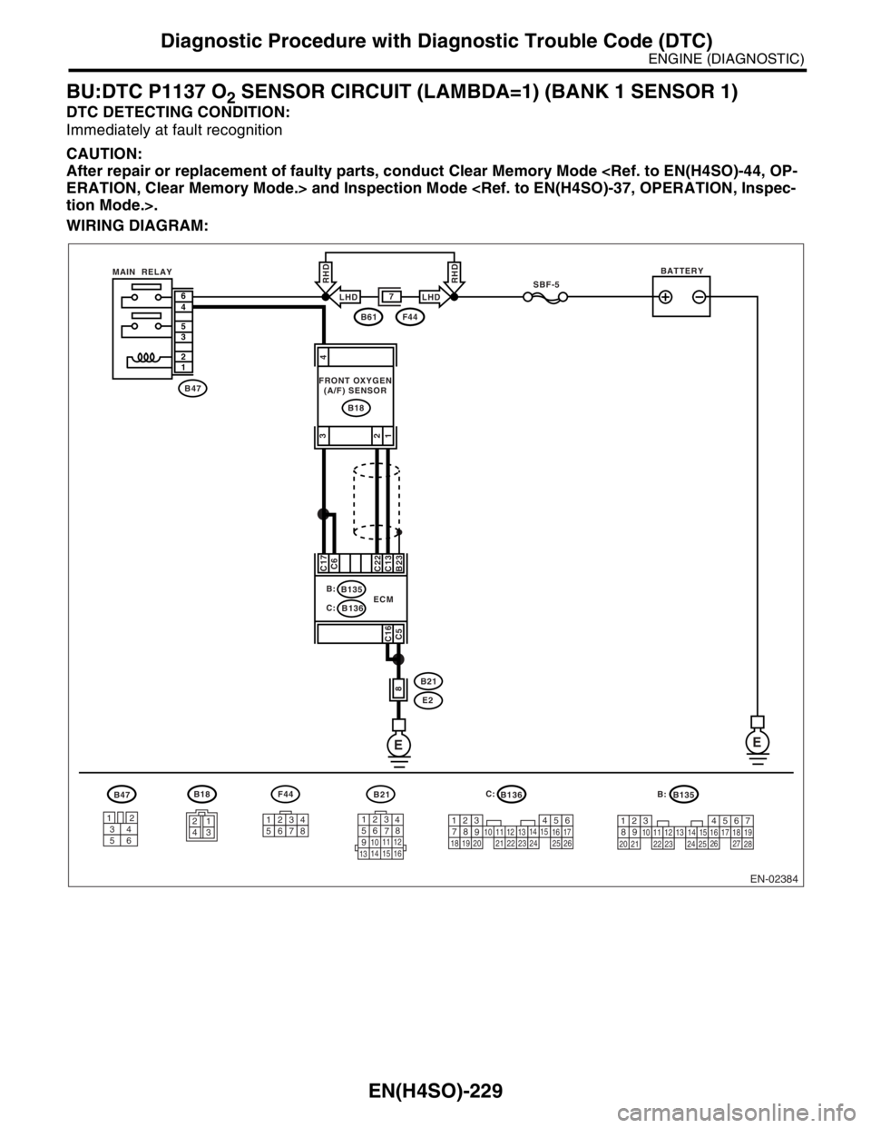 SUBARU FORESTER 2004  Service Repair Manual EN(H4SO)-229
ENGINE (DIAGNOSTIC)
Diagnostic Procedure with Diagnostic Trouble Code (DTC)
BU:DTC P1137 O2 SENSOR CIRCUIT (LAMBDA=1) (BANK 1 SENSOR 1)
DTC DETECTING CONDITION:
Immediately at fault recog