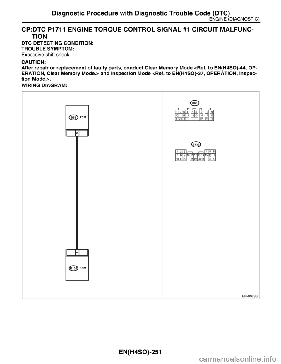SUBARU FORESTER 2004  Service Repair Manual EN(H4SO)-251
ENGINE (DIAGNOSTIC)
Diagnostic Procedure with Diagnostic Trouble Code (DTC)
CP:DTC P1711 ENGINE TORQUE CONTROL SIGNAL #1 CIRCUIT MALFUNC-
TION
DTC DETECTING CONDITION:
TROUBLE SYMPTOM:
Ex
