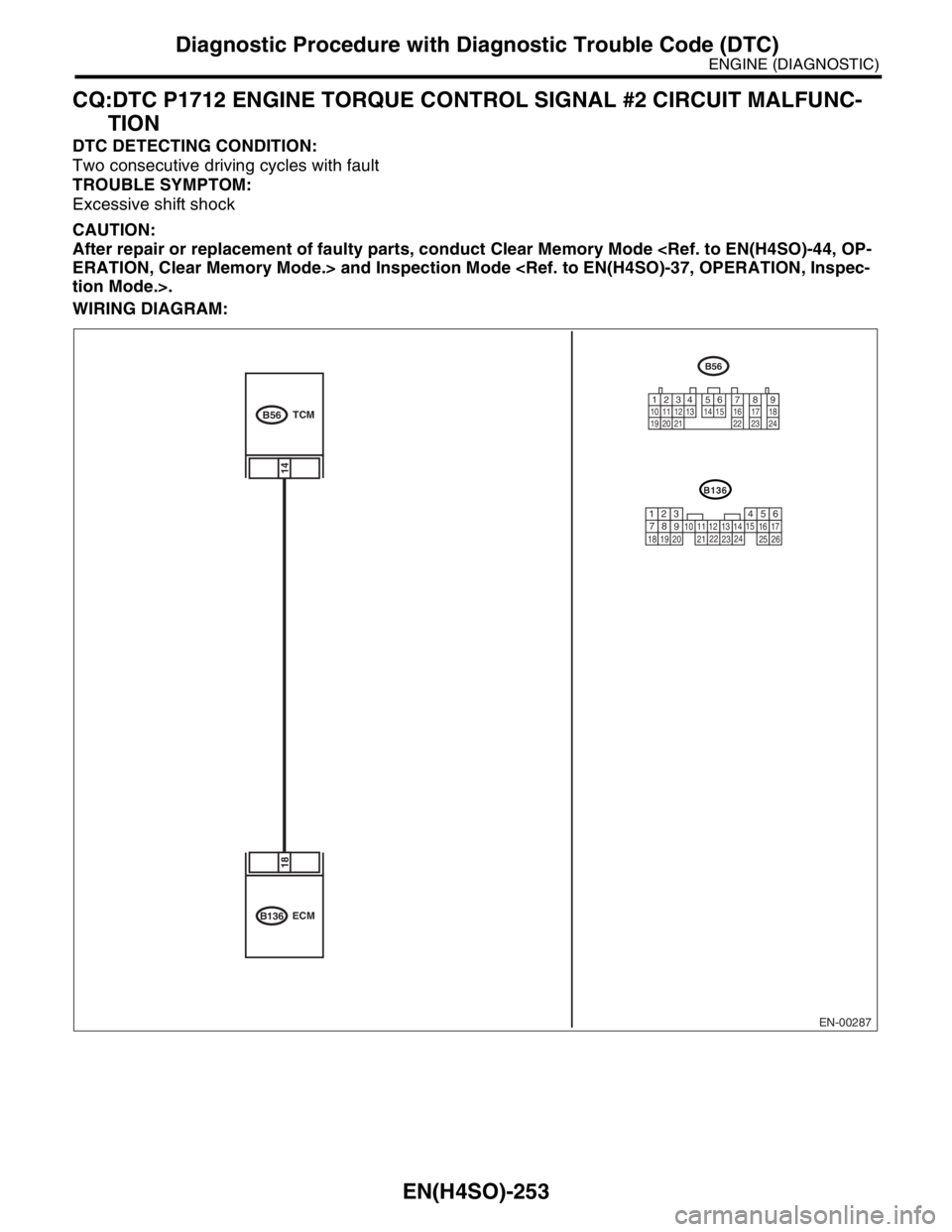 SUBARU FORESTER 2004  Service Repair Manual EN(H4SO)-253
ENGINE (DIAGNOSTIC)
Diagnostic Procedure with Diagnostic Trouble Code (DTC)
CQ:DTC P1712 ENGINE TORQUE CONTROL SIGNAL #2 CIRCUIT MALFUNC-
TION
DTC DETECTING CONDITION:
Two consecutive dri