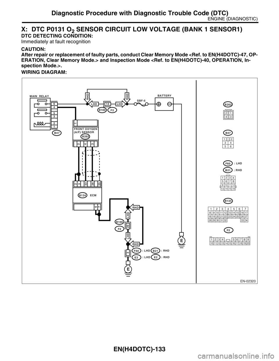 SUBARU FORESTER 2004  Service Repair Manual EN(H4DOTC)-133
ENGINE (DIAGNOSTIC)
Diagnostic Procedure with Diagnostic Trouble Code (DTC)
X: DTC P0131 O2 SENSOR CIRCUIT LOW VOLTAGE (BANK 1 SENSOR1)
DTC DETECTING CONDITION:
Immediately at fault rec
