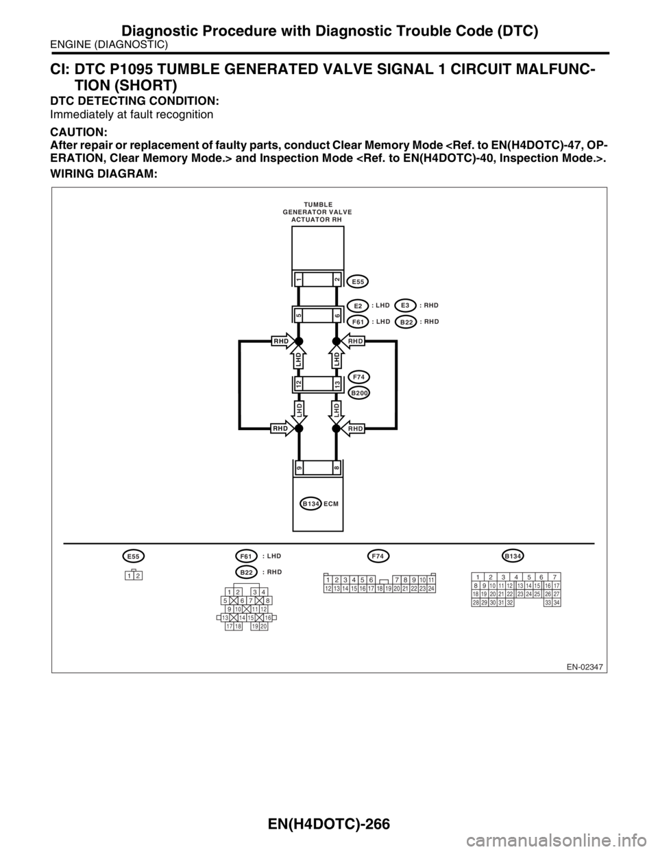 SUBARU FORESTER 2004  Service Repair Manual EN(H4DOTC)-266
ENGINE (DIAGNOSTIC)
Diagnostic Procedure with Diagnostic Trouble Code (DTC)
CI: DTC P1095 TUMBLE GENERATED VALVE SIGNAL 1 CIRCUIT MALFUNC-
TION (SHORT)
DTC DETECTING CONDITION:
Immediat