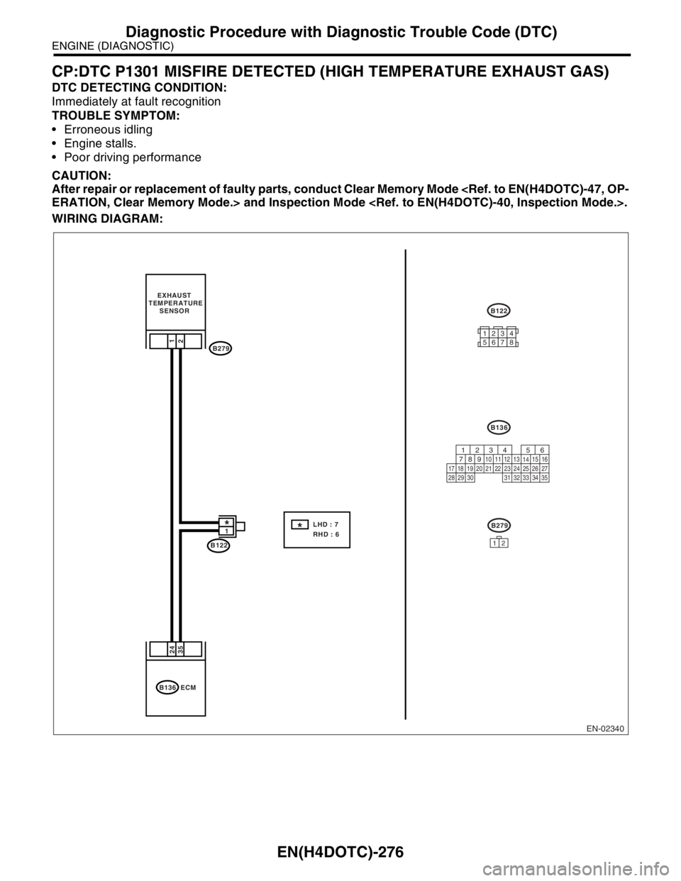 SUBARU FORESTER 2004  Service Repair Manual EN(H4DOTC)-276
ENGINE (DIAGNOSTIC)
Diagnostic Procedure with Diagnostic Trouble Code (DTC)
CP:DTC P1301 MISFIRE DETECTED (HIGH TEMPERATURE EXHAUST GAS)
DTC DETECTING CONDITION:
Immediately at fault re