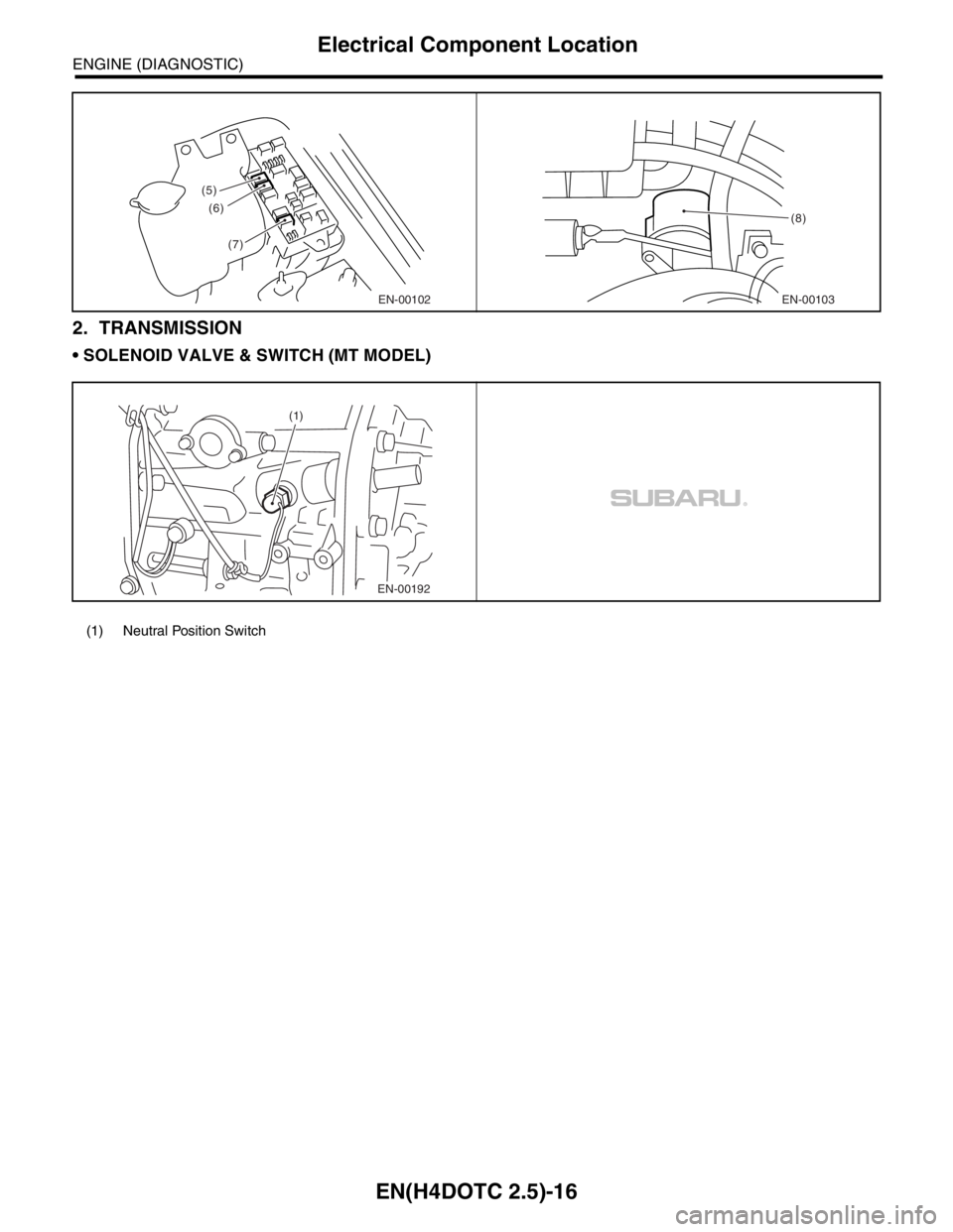SUBARU FORESTER 2004  Service Repair Manual EN(H4DOTC 2.5)-16
ENGINE (DIAGNOSTIC)
Electrical Component Location
2. TRANSMISSION
 SOLENOID VALVE & SWITCH (MT MODEL)
(1) Neutral Position Switch
EN-00102
(6)
(7)
(5)
EN-00103
(8)
EN-00192 (1) 