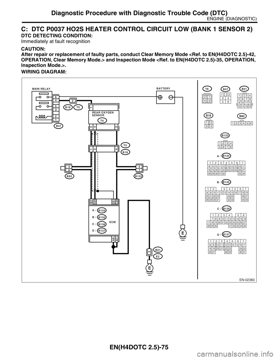 SUBARU FORESTER 2004 Service Repair Manual EN(H4DOTC 2.5)-75
ENGINE (DIAGNOSTIC)
Diagnostic Procedure with Diagnostic Trouble Code (DTC)
C: DTC P0037 HO2S HEATER CONTROL CIRCUIT LOW (BANK 1 SENSOR 2)
DTC DETECTING CONDITION:
Immediately at fau SUBARU FORESTER 2004 Service Repair Manual EN(H4DOTC 2.5)-75
ENGINE (DIAGNOSTIC)
Diagnostic Procedure with Diagnostic Trouble Code (DTC)
C: DTC P0037 HO2S HEATER CONTROL CIRCUIT LOW (BANK 1 SENSOR 2)
DTC DETECTING CONDITION:
Immediately at fau