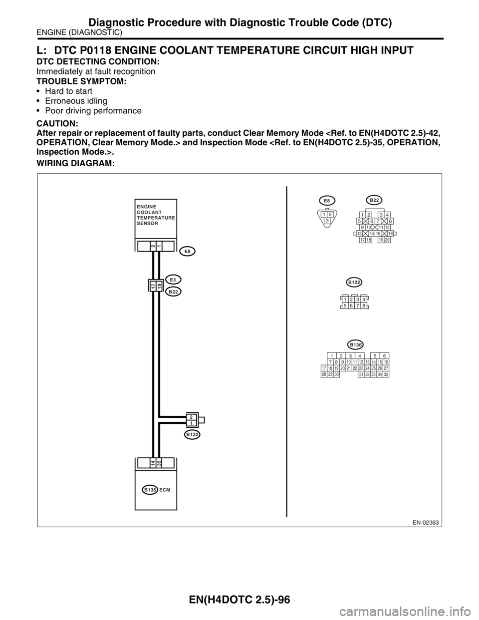 SUBARU FORESTER 2004  Service Repair Manual EN(H4DOTC 2.5)-96
ENGINE (DIAGNOSTIC)
Diagnostic Procedure with Diagnostic Trouble Code (DTC)
L: DTC P0118 ENGINE COOLANT TEMPERATURE CIRCUIT HIGH INPUT
DTC DETECTING CONDITION:
Immediately at fault r