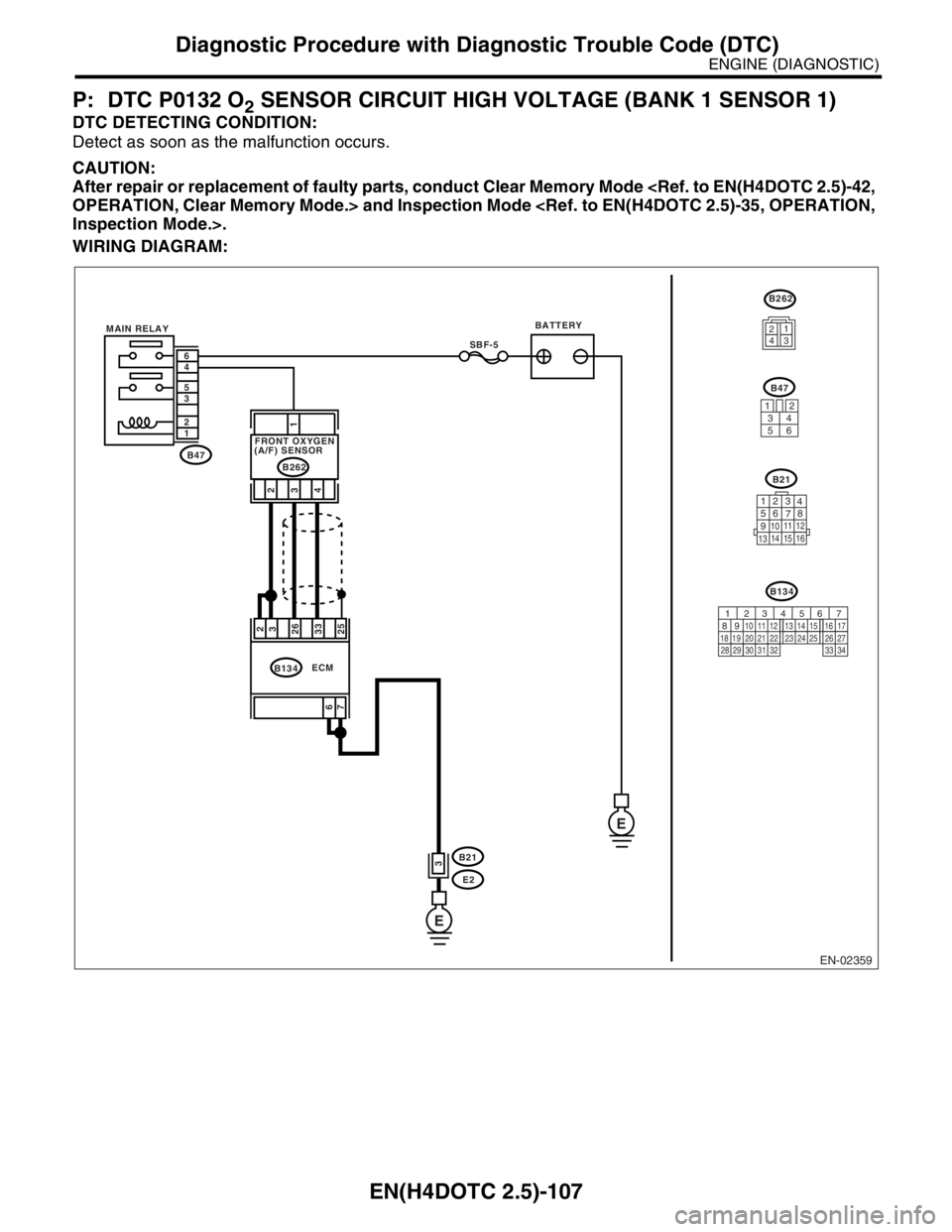 SUBARU FORESTER 2004  Service Repair Manual EN(H4DOTC 2.5)-107
ENGINE (DIAGNOSTIC)
Diagnostic Procedure with Diagnostic Trouble Code (DTC)
P: DTC P0132 O2 SENSOR CIRCUIT HIGH VOLTAGE (BANK 1 SENSOR 1)
DTC DETECTING CONDITION:
Detect as soon as 