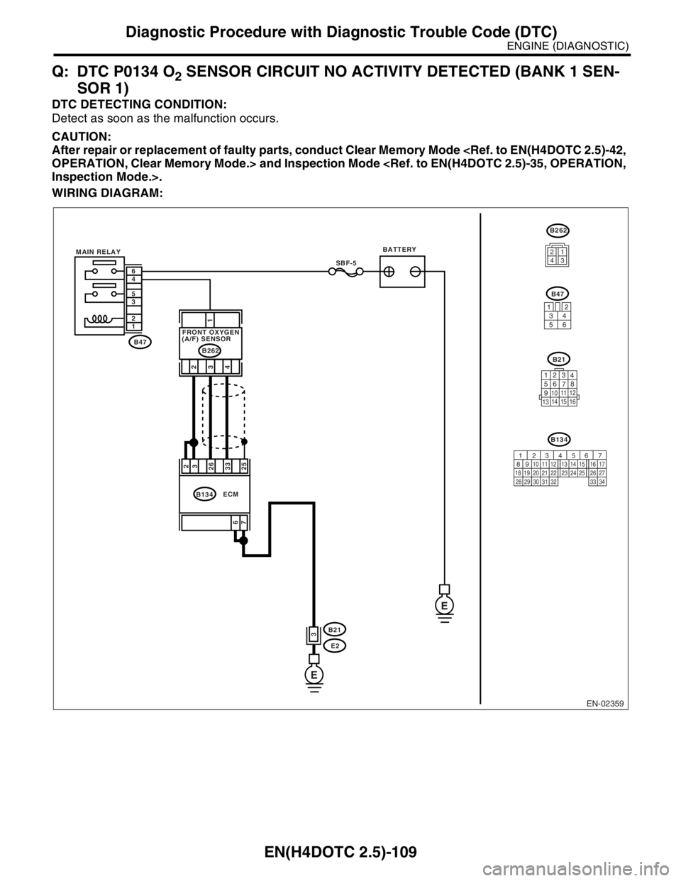SUBARU FORESTER 2004  Service Repair Manual EN(H4DOTC 2.5)-109
ENGINE (DIAGNOSTIC)
Diagnostic Procedure with Diagnostic Trouble Code (DTC)
Q: DTC P0134 O2 SENSOR CIRCUIT NO ACTIVITY DETECTED (BANK 1 SEN-
SOR 1)
DTC DETECTING CONDITION:
Detect a