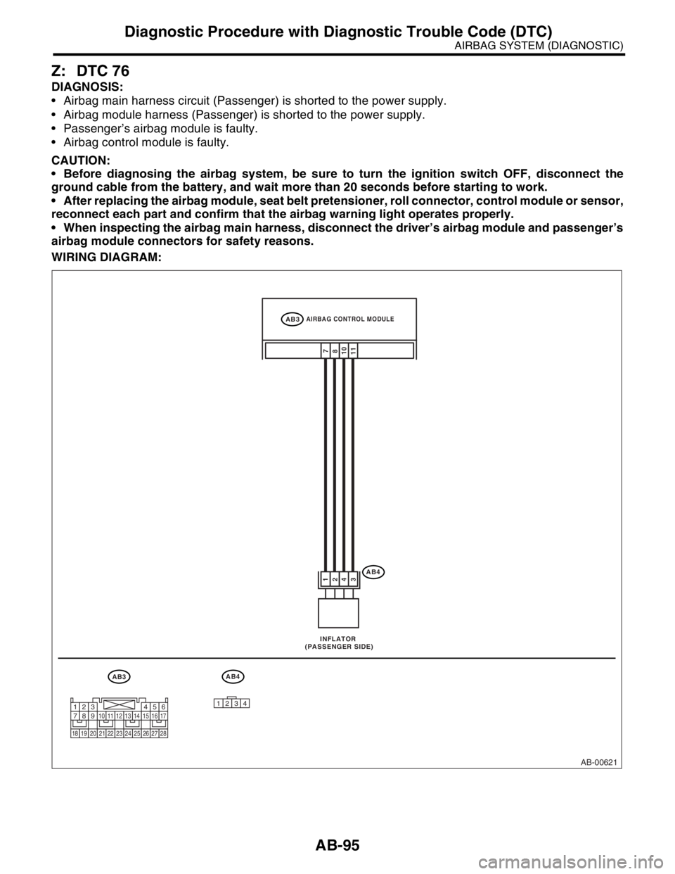 SUBARU FORESTER 2004  Service Repair Manual AB-95
AIRBAG SYSTEM (DIAGNOSTIC)
Diagnostic Procedure with Diagnostic Trouble Code (DTC)
Z: DTC 76
DIAGNOSIS:
 Airbag main harness circuit (Passenger) is shorted to the power supply.
 Airbag module 