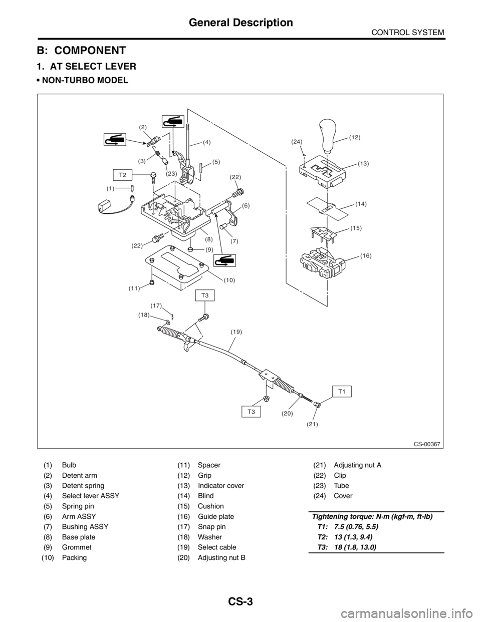 SUBARU FORESTER 2004  Service Repair Manual CS-3
CONTROL SYSTEM
General Description
B: COMPONENT
1. AT SELECT LEVER
 NON-TURBO MODEL
CS-00367
T3
T2
T3
T1
(10) (22)
(9) (8)
(7)(6) (5) (4) (2)
(3)
(1)(22)(12)
(13)
(15)
(16)
(21) (20) (19) (17)
(