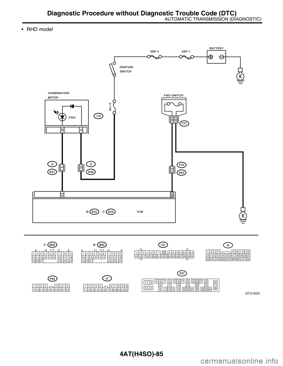 SUBARU FORESTER 2004  Service Repair Manual 4AT(H4SO)-85
AUTOMATIC TRANSMISSION (DIAGNOSTIC)
Diagnostic Procedure without Diagnostic Trouble Code (DTC)
 RHD model
AT-01830
BATTERY
1234
56789
10 1112
13 14 15 16 17 18
192021
2223 241234 5 6 7 8