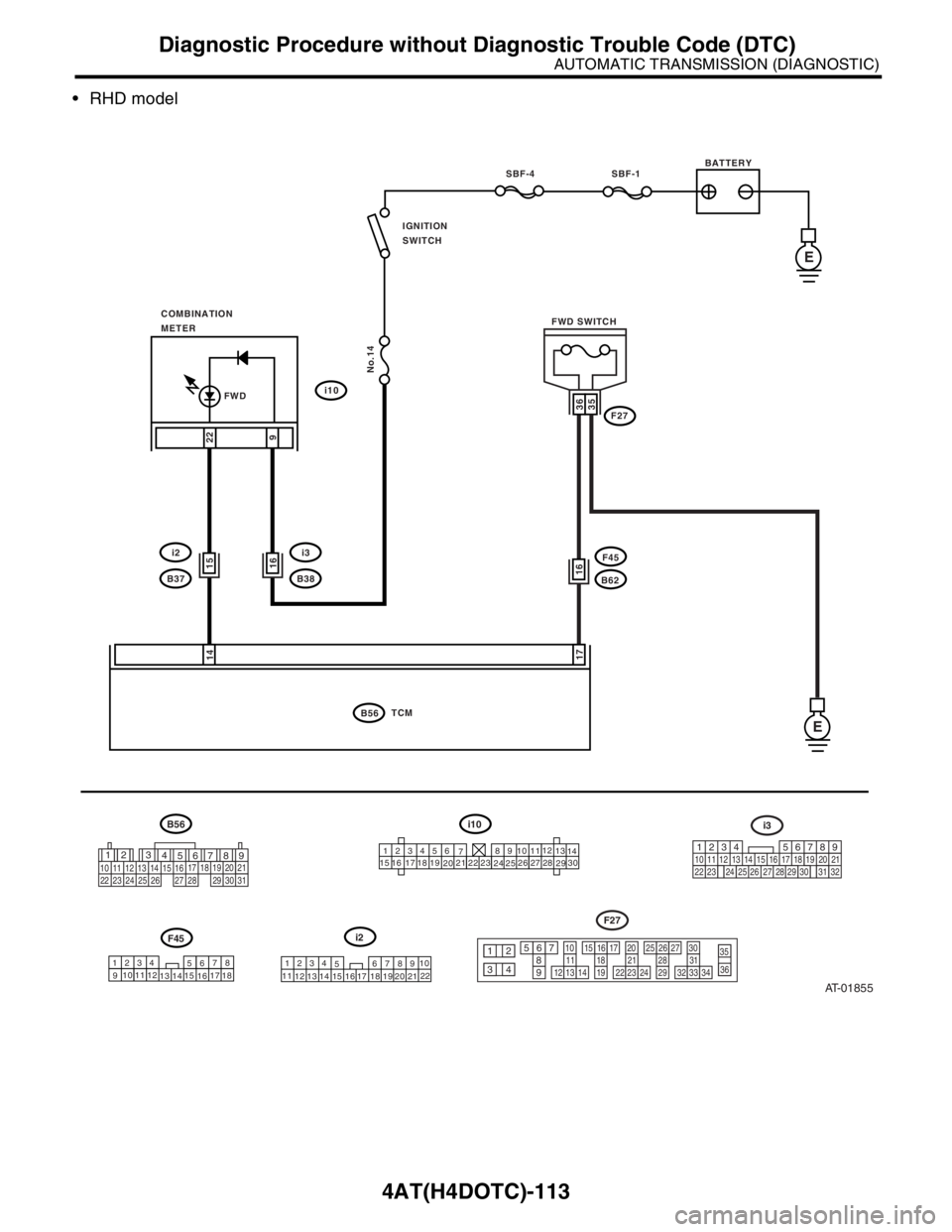 SUBARU FORESTER 2004  Service Repair Manual 4AT(H4DOTC)-113
AUTOMATIC TRANSMISSION (DIAGNOSTIC)
Diagnostic Procedure without Diagnostic Trouble Code (DTC)
 RHD model
AT-01855
BATTERY
123456
78 9 10 1112
13
14
15 16 17
1819
2021
2223
24
2526
27