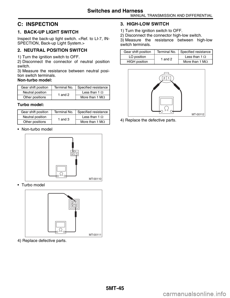 SUBARU FORESTER 2004  Service Repair Manual 5MT-45
MANUAL TRANSMISSION AND DIFFERENTIAL
Switches and Harness
C: INSPECTION
1. BACK-UP LIGHT SWITCH
Inspect the back-up light switch. <Ref. to LI-7, IN-
SPECTION, Back-up Light System.>
2. NEUTRAL 