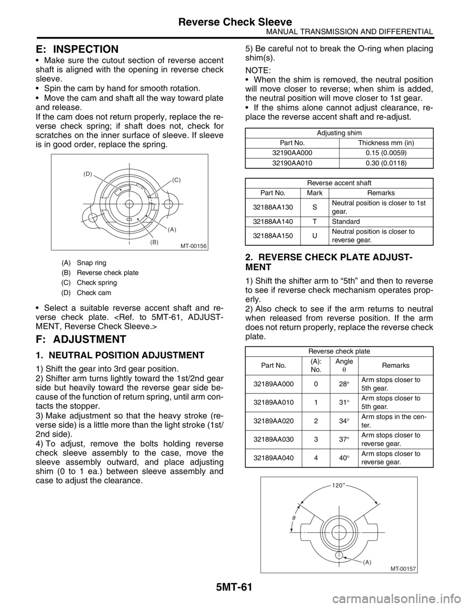 SUBARU FORESTER 2004  Service Repair Manual 5MT-61
MANUAL TRANSMISSION AND DIFFERENTIAL
Reverse Check Sleeve
E: INSPECTION
 Make sure the cutout section of reverse accent
shaft is aligned with the opening in reverse check
sleeve.
 Spin the ca