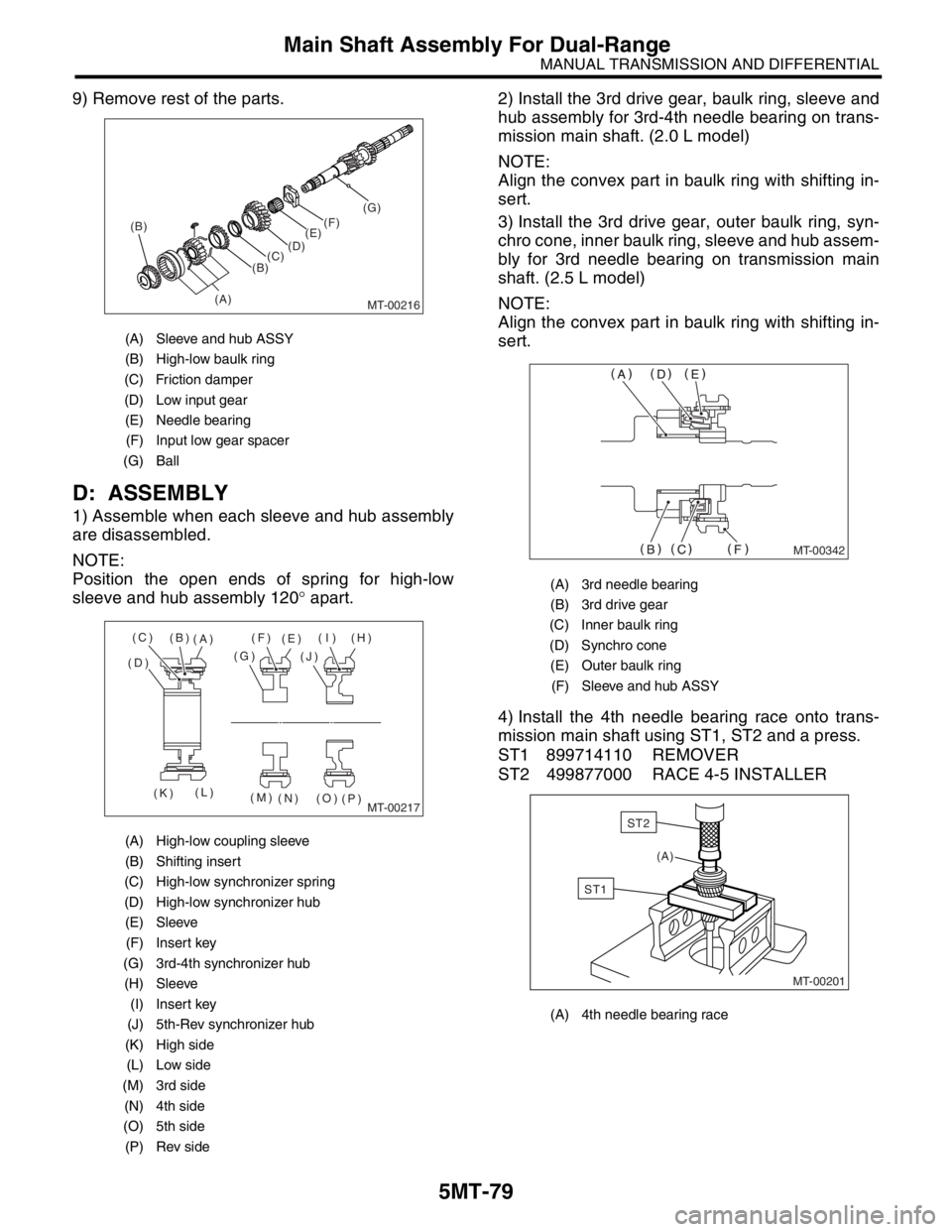SUBARU FORESTER 2004  Service Repair Manual 5MT-79
MANUAL TRANSMISSION AND DIFFERENTIAL
Main Shaft Assembly For Dual-Range
9) Remove rest of the parts.
D: ASSEMBLY
1) Assemble when each sleeve and hub assembly
are disassembled.
NOTE:
Position t