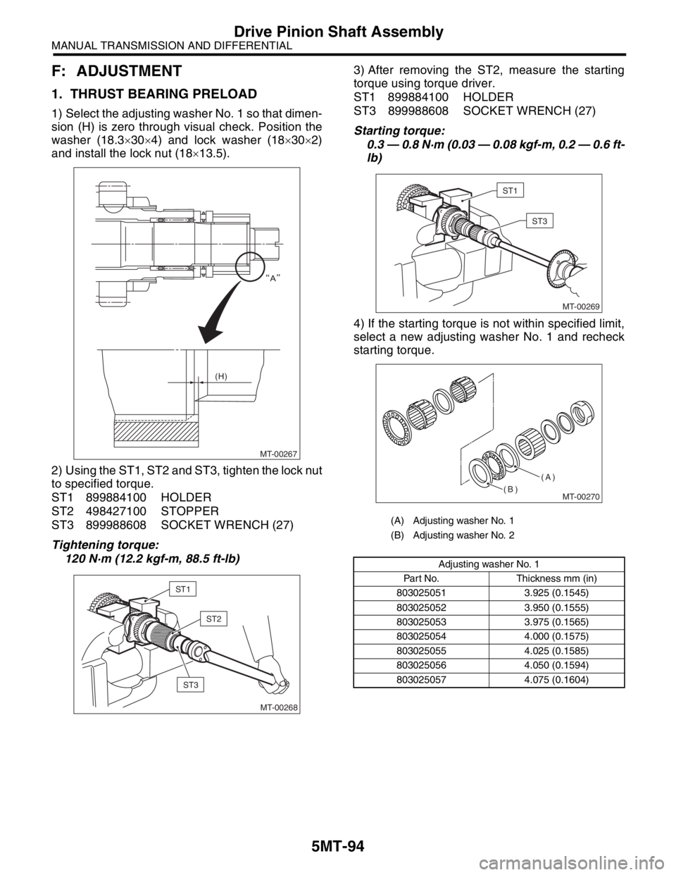 SUBARU FORESTER 2004  Service Repair Manual 5MT-94
MANUAL TRANSMISSION AND DIFFERENTIAL
Drive Pinion Shaft Assembly
F: ADJUSTMENT
1. THRUST BEARING PRELOAD
1) Select the adjusting washer No. 1 so that dimen-
sion (H) is zero through visual chec