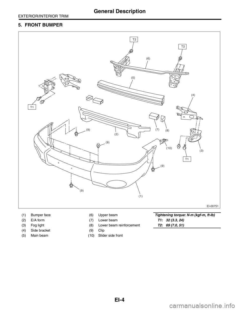 SUBARU FORESTER 2004  Service Repair Manual EI-4
EXTERIOR/INTERIOR TRIM
General Description
5. FRONT BUMPER
(1) Bumper face (6) Upper beamTightening torque: N·m (kgf-m, ft-lb)
(2) E/A form (7) Lower beamT1: 32 (3.3, 24)
(3) Fog light (8) Lower
