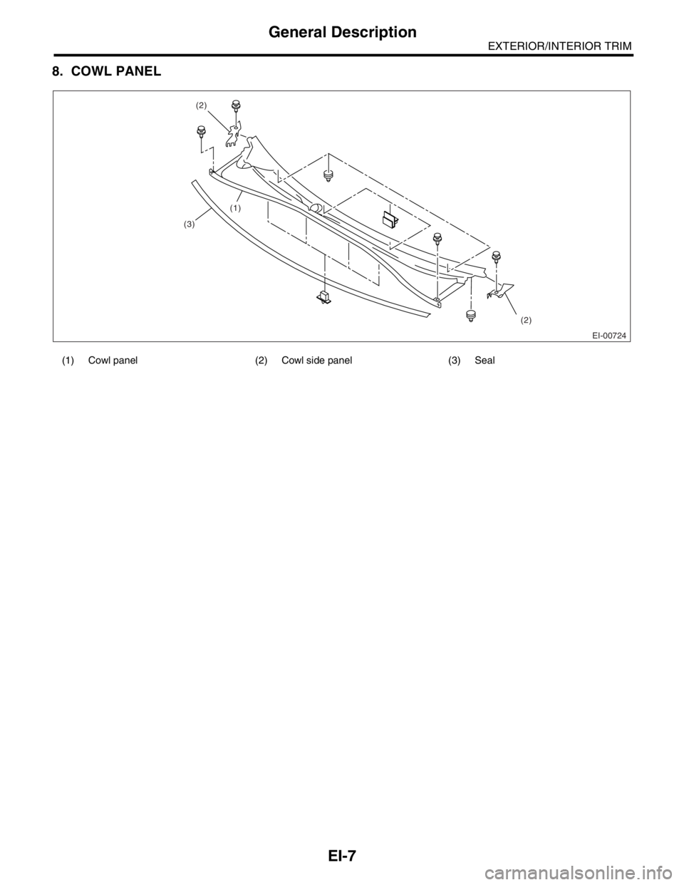 SUBARU FORESTER 2004  Service Repair Manual EI-7
EXTERIOR/INTERIOR TRIM
General Description
8. COWL PANEL
(1) Cowl panel (2) Cowl side panel (3) Seal
EI-00724 (2)
(1)
(3)
(2) 