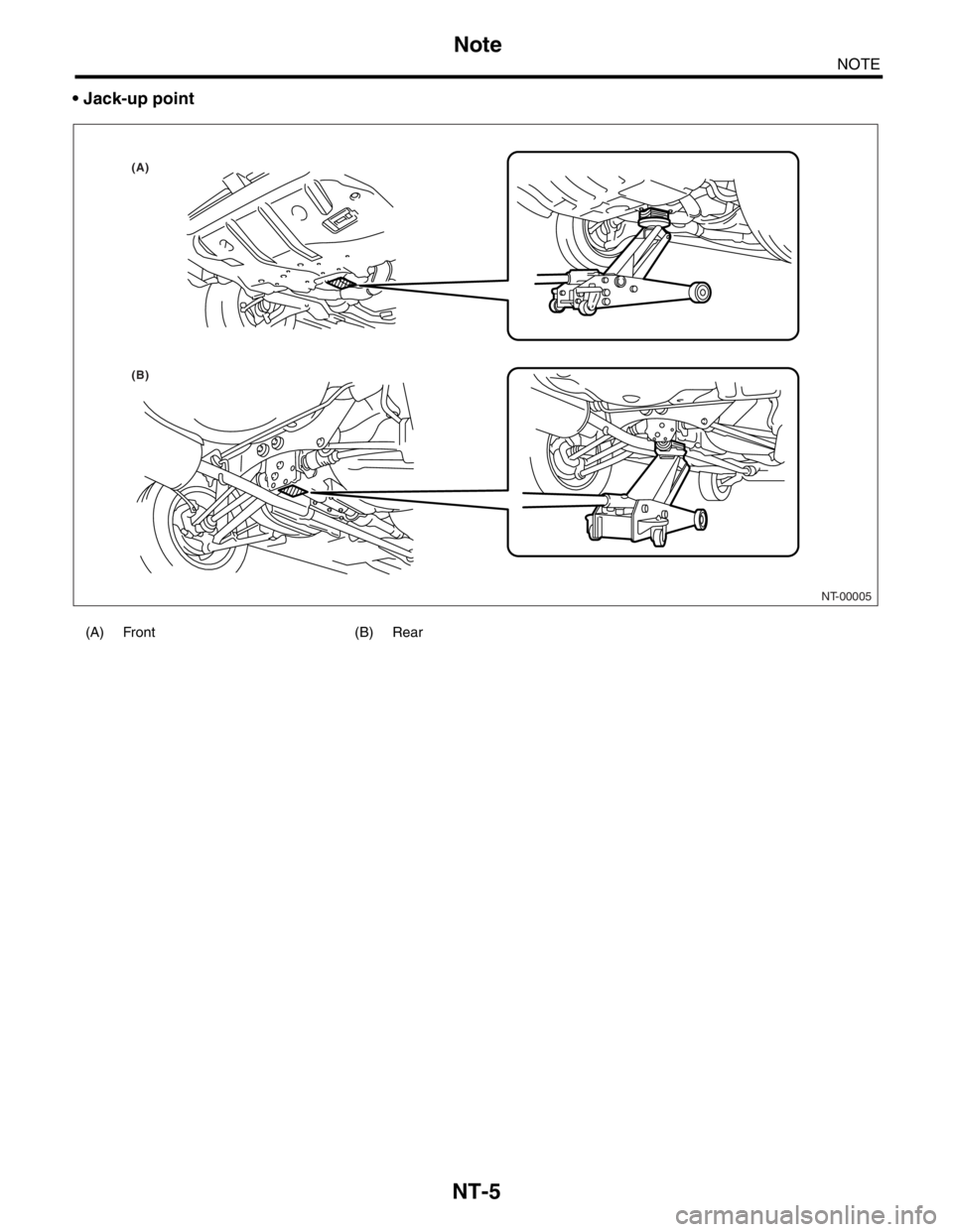 SUBARU FORESTER 2004  Service Repair Manual NT-5
NOTE
Note
 Jack-up point
(A) Front (B) Rear
NT-00005
(A)
(B) 