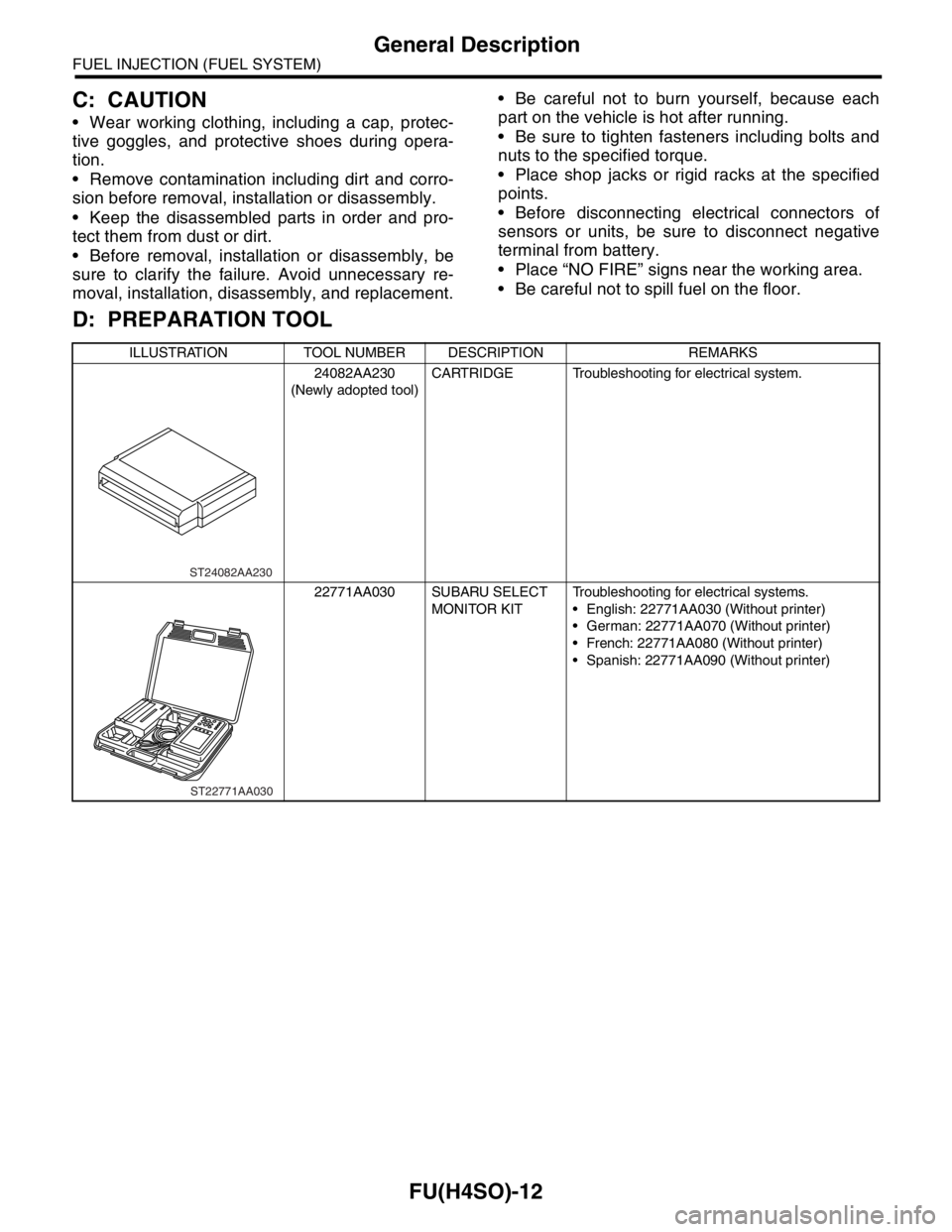 SUBARU FORESTER 2004  Service Repair Manual FU(H4SO)-12
FUEL INJECTION (FUEL SYSTEM)
General Description
C: CAUTION
 Wear working clothing, including a cap, protec-
tive goggles, and protective shoes during opera-
tion.
 Remove contamination 