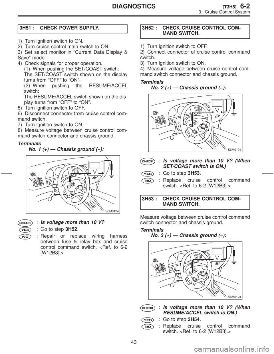 SUBARU FORESTER 1999  Service Repair Manual 3H51 : CHECK POWER SUPPLY.
1) Turn ignition switch to ON.
2) Turn cruise control main switch to ON.
3) Set select monitor in ªCurrent Data Display &
Saveº mode.
4) Check signals for proper operation