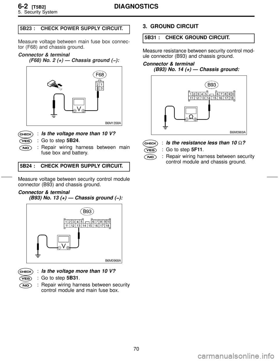 SUBARU FORESTER 1999  Service Repair Manual 5B23 : CHECK POWER SUPPLY CIRCUIT.
Measure voltage between main fuse box connec-
tor (F68) and chassis ground.
Connector & terminal
(F68) No. 2 (+) Ð Chassis ground (þ):
B6M1358A
:Is the voltage mor