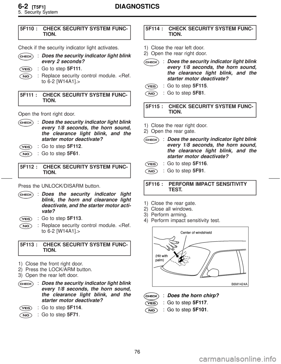 SUBARU FORESTER 1999  Service Repair Manual 5F110 : CHECK SECURITY SYSTEM FUNC-
TION.
Check if the security indicator light activates.
:Does the security indicator light blink
every 2 seconds?
: Go to step5 F 111.
: Replace security control mod