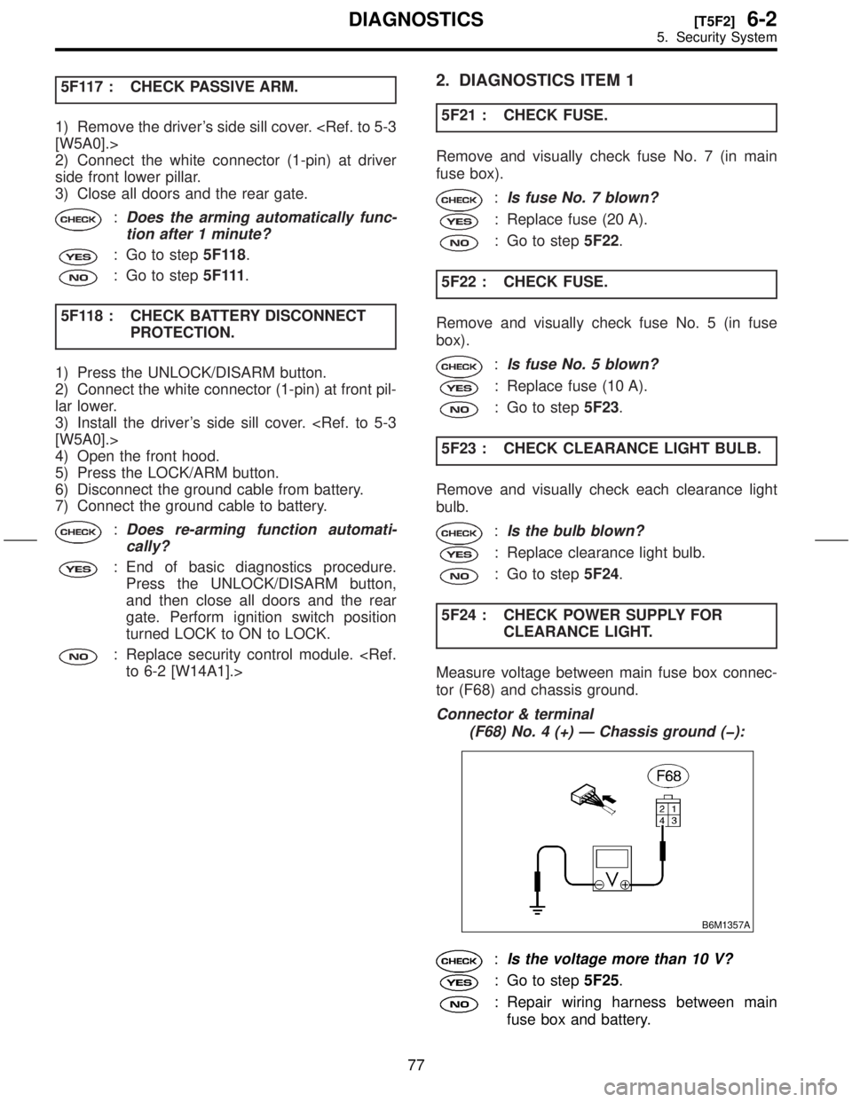 SUBARU FORESTER 1999  Service Repair Manual 5F117 : CHECK PASSIVE ARM.
1) Remove the drivers side sill cover. <Ref. to 5-3
[W5A0].>
2) Connect the white connector (1-pin) at driver
side front lower pillar.
3) Close all doors and the rear gate.