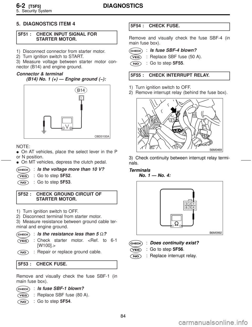 SUBARU FORESTER 1999  Service Repair Manual 5. DIAGNOSTICS ITEM 4
5F51 : CHECK INPUT SIGNAL FOR
STARTER MOTOR.
1) Disconnect connector from starter motor.
2) Turn ignition switch to START.
3) Measure voltage between starter motor con-
nector (B