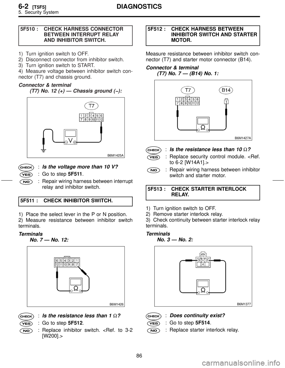 SUBARU FORESTER 1999  Service Repair Manual 5F510 : CHECK HARNESS CONNECTOR
BETWEEN INTERRUPT RELAY
AND INHIBITOR SWITCH.
1) Turn ignition switch to OFF.
2) Disconnect connector from inhibitor switch.
3) Turn ignition switch to START.
4) Measur