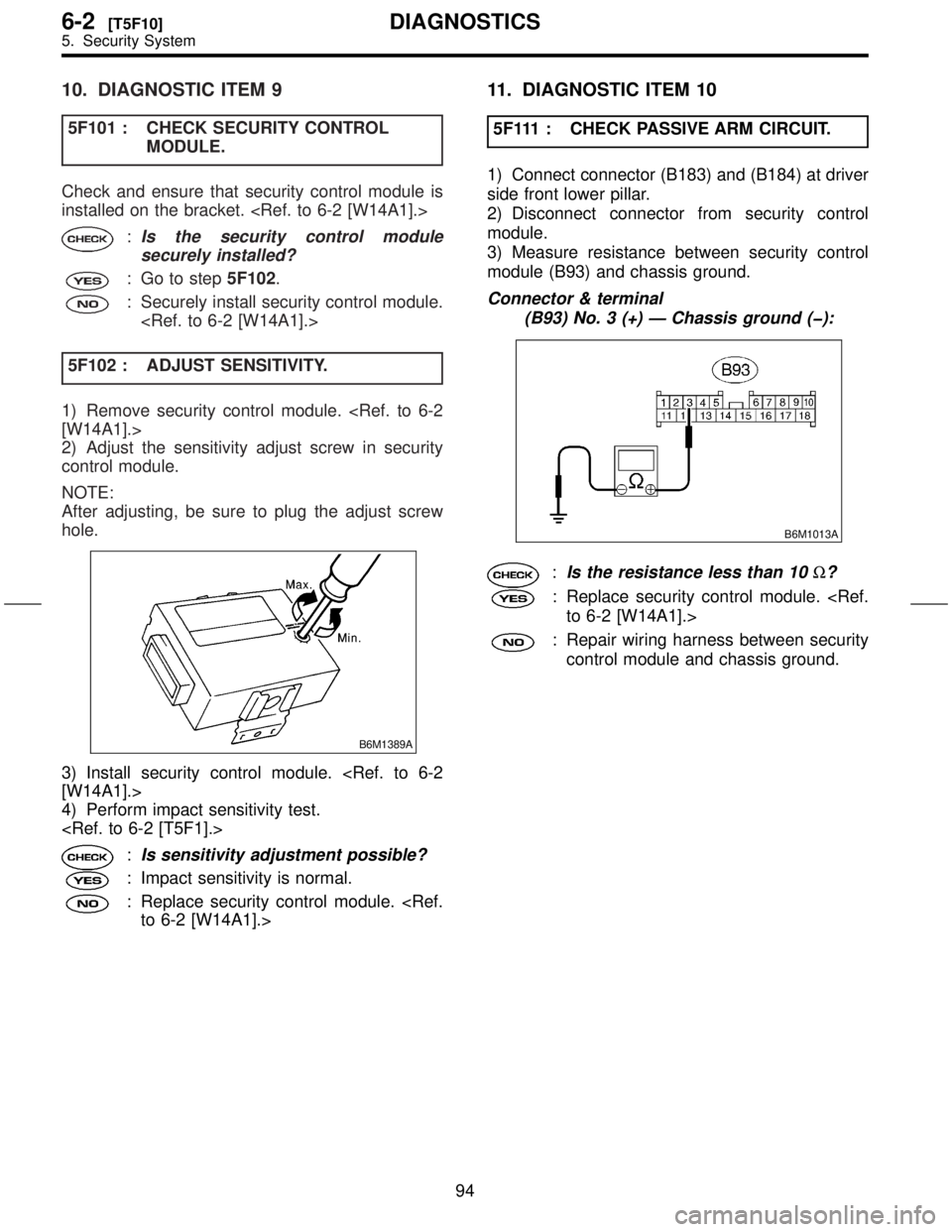 SUBARU FORESTER 1999  Service Repair Manual 10. DIAGNOSTIC ITEM 9
5F101 : CHECK SECURITY CONTROL
MODULE.
Check and ensure that security control module is
installed on the bracket. <Ref. to 6-2 [W14A1].>
:Is the security control module
securely 