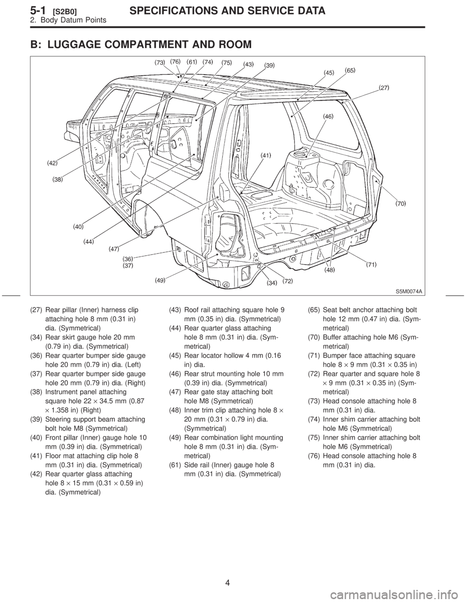 SUBARU FORESTER 1999  Service Repair Manual B: LUGGAGE COMPARTMENT AND ROOM
S5M0074A
(27) Rear pillar (Inner) harness clip
attaching hole 8 mm (0.31 in)
dia. (Symmetrical)
(34) Rear skirt gauge hole 20 mm
(0.79 in) dia. (Symmetrical)
(36) Rear 