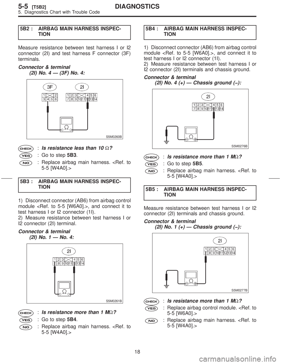 SUBARU FORESTER 1999  Service Repair Manual 5B2 : AIRBAG MAIN HARNESS INSPEC-
TION
Measure resistance between test harness I or I2
connector (2I) and test harness F connector (3F)
terminals.
Connector & terminal
(2I) No. 4 Ð (3F) No. 4:
S5M026